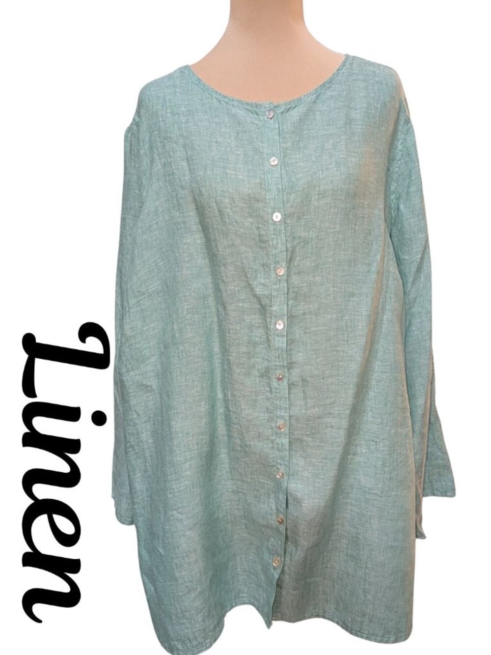 Tahari 100% Linen Mint Green Button-Down Long Sleeve Tunic Blouse